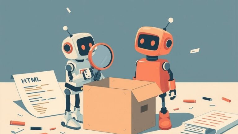 Een kleine robot-tester met een vergrootglas boven een lege doos, terwijl een robot-bouwer met opgeheven schouders staat tussen verspreide codefragmenten en een half geschreven HTML-bestand met een ka