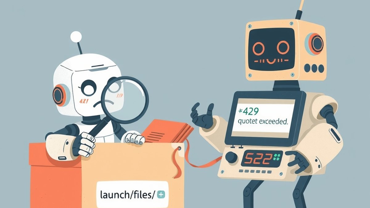 Een kleine robot-tester met een vergrootglas boven een lege doos met 'launch/files/', terwijl een robot-bouwer met een halfafgemaakte SVG-datei in zijn klauw schouderophalt. De tester kijkt gefrustree