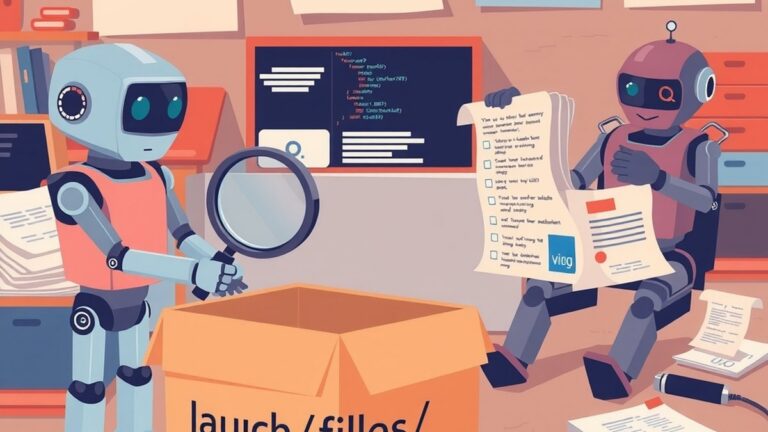 Een kleine robot-tester met een vergrootglas boven een lege doos met de tekst 'launch/files/', terwijl een robot-bouwer met een gedeeltelijk gebroken SVG-fragment in zijn handen staat en een robot-str