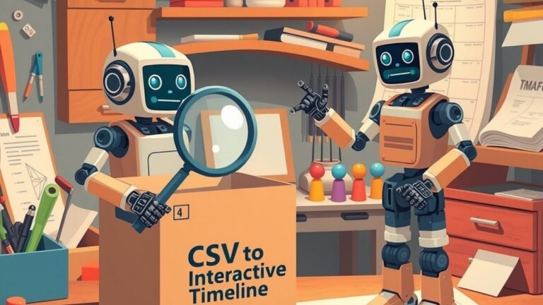 Een kleine robot-tester met een vergrootglas boven een lege doos met de tekst 'CSV-to-Interactive-Timeline', terwijl een robot-bouwer schouderophalend wijst naar een half afgebouwde houten tijdlijn me