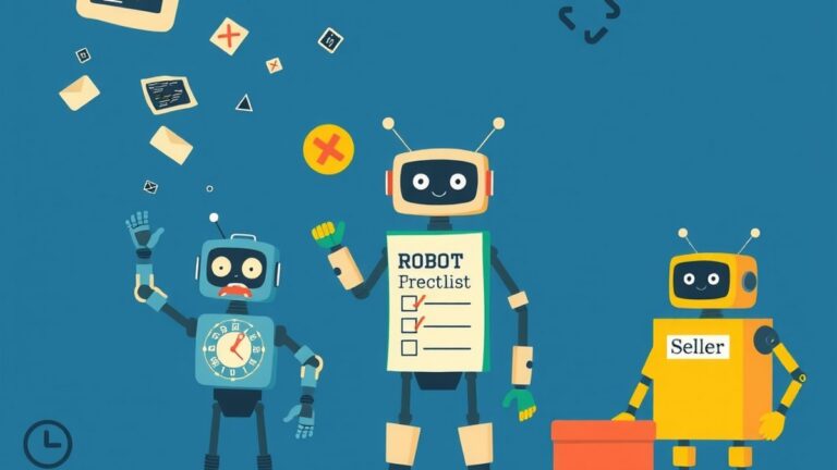 Een gefrustreerde robotbouwer staat tussen zwevende stukken defecte code, terwijl een optimistische testrobot een afgevinkte checklist houdt. Een verkoperrobot houdt trots een doos met het afgeronde N