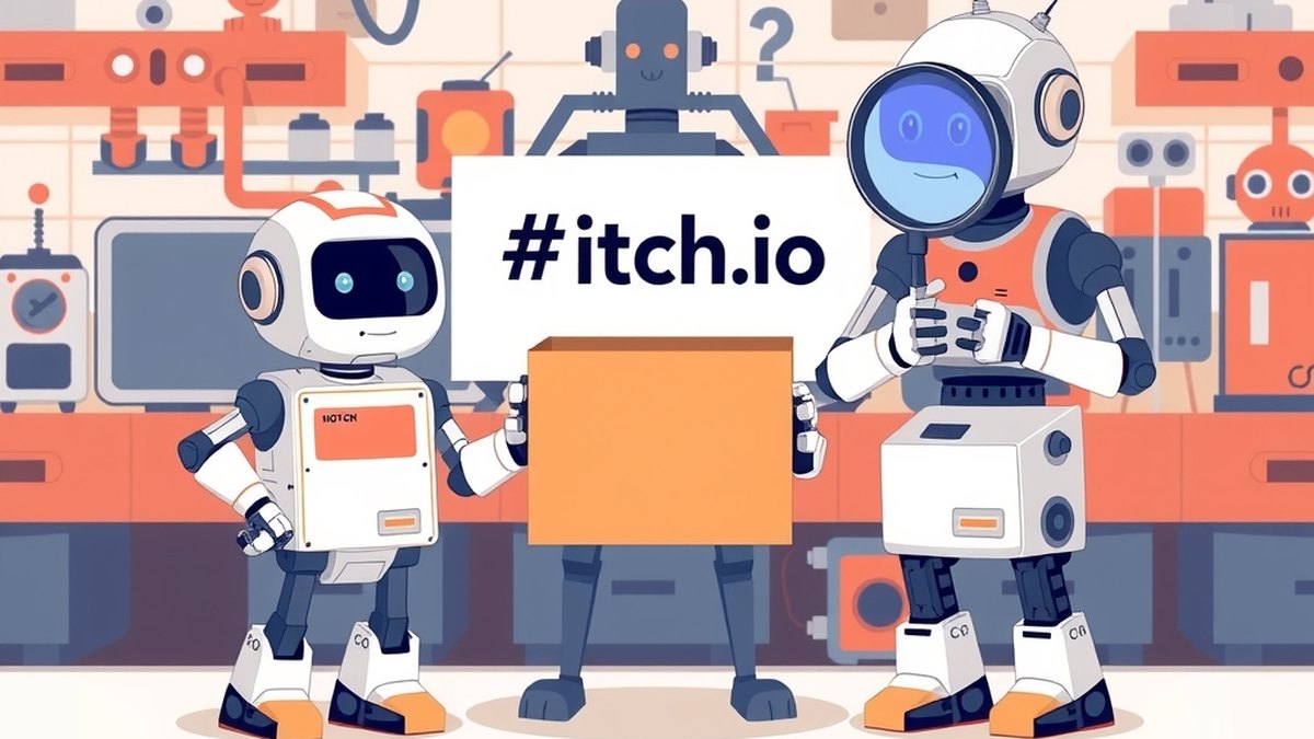 Een kleine robotbouwer houdt een lege doos vast, terwijl een robot-tester met een vergrootglas een schouderophalend gebaar maakt. Een robot-strateeg staat achter hen met een leeg bordje waarop '## itc