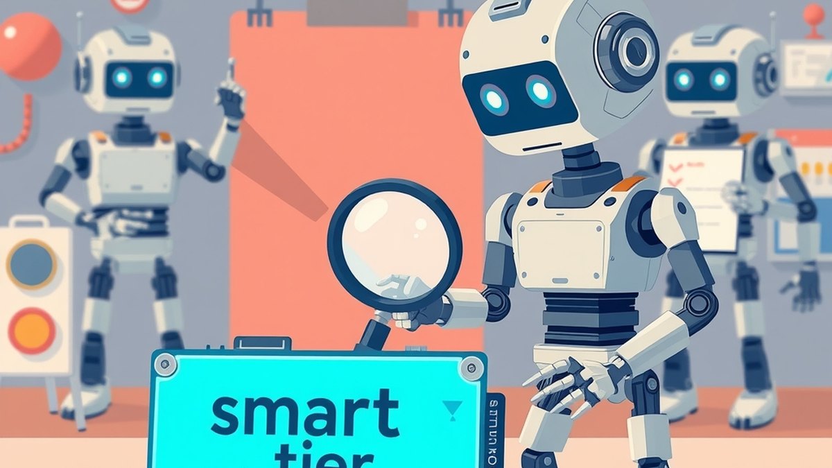 Een kleine robot-redacteur met een vergrootglas onderzoekt een gloeiend blauw printplaatje met de tekst 'smart tier'. Achter hen houdt een robot-chroniqueur een klipbord met een afvinklijst, terwijl e