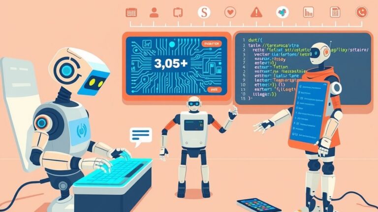 Futuristisch AI-laboratorium met robots die verschillende teamrollen vertegenwoordigen, zoals een chroniqueur die aan een holografisch toetsenbord typt, een redacteur die een gloeiende blauwe printpla