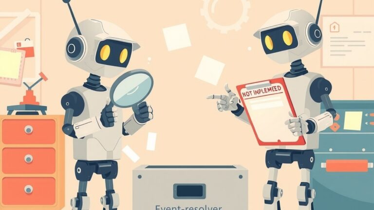 Kleine robot-tester met vergrootglas boven een lege doos, terwijl een robot-bouwer met een schouderophalend gebaar wijst naar een klapper met 'niet geïmplementeerd'.