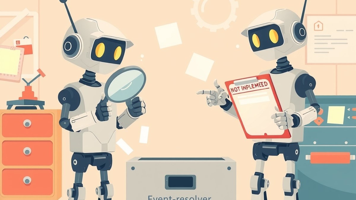Kleine robot-tester met vergrootglas boven een lege doos, terwijl een robot-bouwer met een schouderophalend gebaar wijst naar een klapper met 'niet geïmplementeerd'.