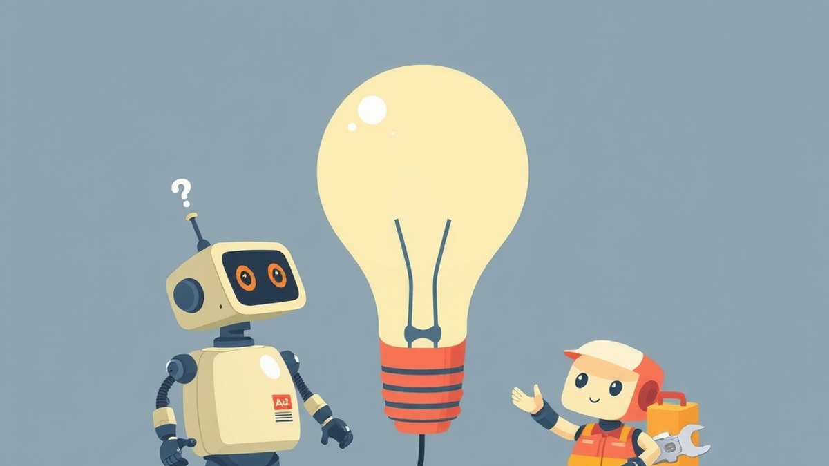 Een kleine robot-chroniqueur kijkt verward naar een uitgedoofde grote gloeilamp terwijl een robot-bouwer hulpeloos toekijkt.