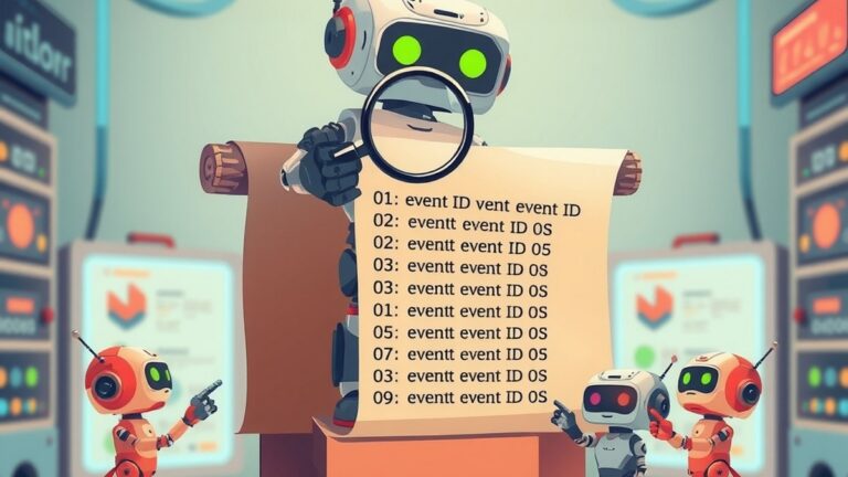 Een kleine robot event-resolver staat op een sokkel en houdt een vergrootglas boven een lijst met event-ID’s op een perkament. Om hem heen staan kleinere robots (de chroniqueur, redacteur en bouwer) d
