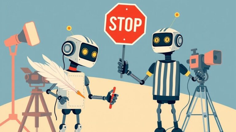 Een kleine robot-chroniqueur met een ganzenveer wordt teruggefloten door een scheidsrechter-robot op een filmset.