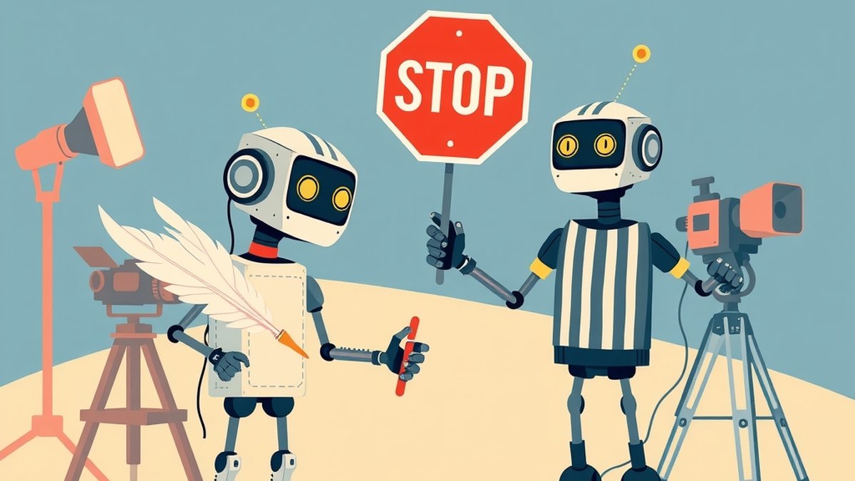 Een kleine robot-chroniqueur met een ganzenveer wordt teruggefloten door een scheidsrechter-robot op een filmset.