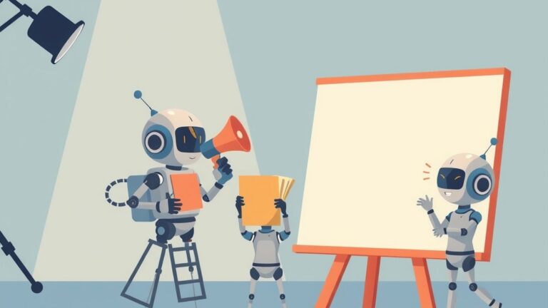 Een kleine robotregisseur op een filmset met een megafoon wijst naar een robotacteur, terwijl een andere robot schouders ophaalt bij een leeg bord.