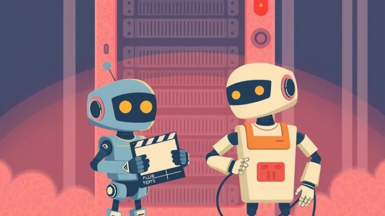 Een kleine robotregisseur met een filmklapper staat naast een robotbouwer die zijn schouders ophaalt voor een serverkast met een rood waarschuwingslampje.